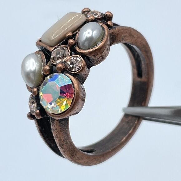 Vintage Unsigned Copper Tone Rhinestone Cat Eye Cluster Ring Band Sz 11 - Picture 1 of 6